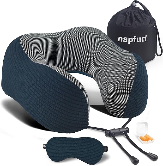 napfun Neck Pillow for Traveling, Upgraded Travel Neck Pillow for Airplane 100% Pure Memory Foam Travel Pillow for Flight Headrest Sleep, Portable Plane Accessories, Deep Blue Striped Kit