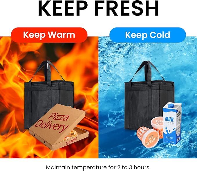 NZ home Insulated Bags for Food Delivery (Medium) Grocery Shopping Cooler Bag, Pizza Delivery, Hot & Cold Catering Tote, Reusable, Foldable & Heavy Duty (2 Pack, Black)