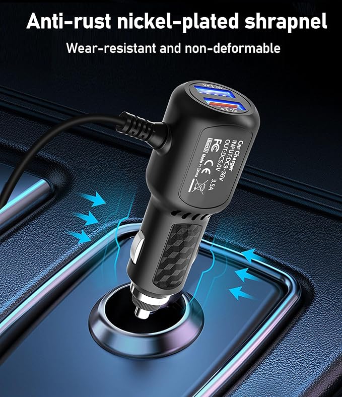 Dash Cam Charger USB C, Type C Car Charger, Dual Port Dashcam Power Adapter, Fast Charging Cord for REDTIGER F7N, Vantrue N4, WOLFBOX Dashcam (11.5FT)
