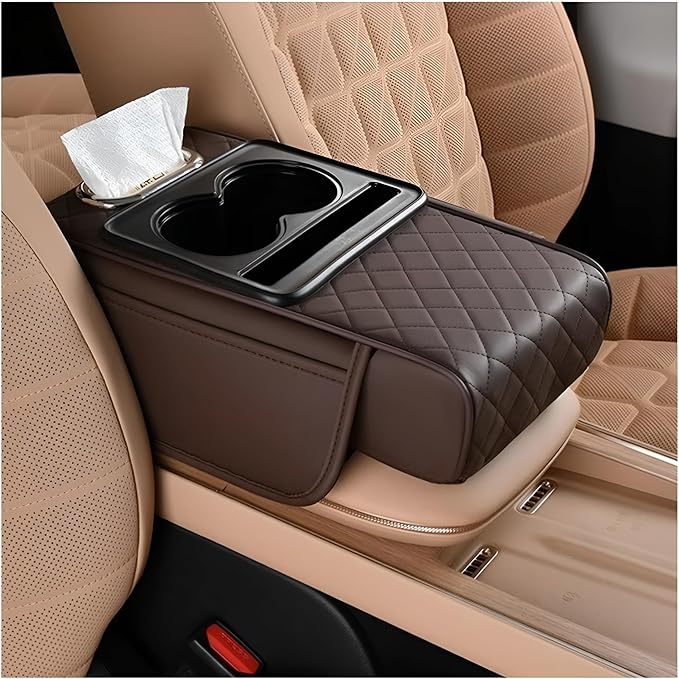 Zpana Car Center Console Armrest Pillow, Memory Foam Leather 4 in 1 Vehicle Arm Rest Cover with Tissue Box 2 Side Storage Bag Cup & Phone Holder, Auto Armrest Cushion, Universal Fit (Brown)