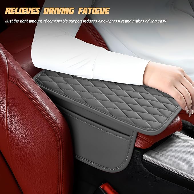 Car Center Console Cover, Leather Vehicle Armrest Seat Box Cushion Pad with Storage Bags, Waterproof Automotive Middle Console Protector, Universal for SUV RV Truck (Gray)