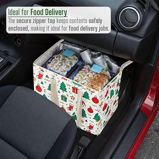 VENO 2 Pack Insulated Cooler Bag for Food Delivery, Reusable Grocery Shopping Bag, Heavy Duty, Large Size, Durable Handles, Double Zippers, Lid, Collapsible (Jingle Mix, 2 Pack)