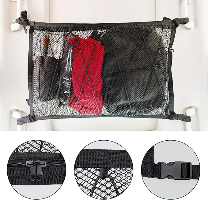 Kaskawise Car Ceiling Cargo Net, 31"x21" Adjustable Double-Layer Mesh SUV Roof Organizer, Van Life Accessories for Long Trip, Car Camping Essentials, Road Trip Must-Haves for Overhead Storage