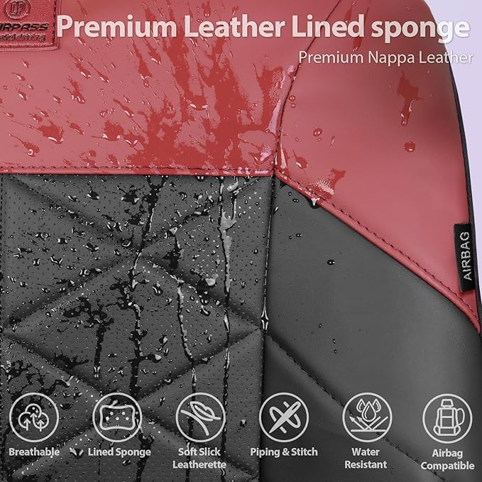 CAR PASS Nappa Leather Waterproof Car Seat Covers Two Front Seats, 3D Foam Automotive Seat Covers with Memory Foam, Universal Fit for Cars SUV Trucks Sedan, Airbag Compatible, Black Red Wine Burgundy