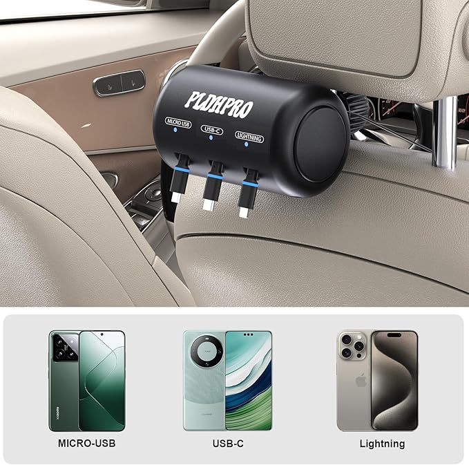 Retractable Car Backseat 3 in 1 Multi Charging Station Box with USB Type C Lightner Retractable Cables for All Phones | iPhone | Samsung | Android | Uber | Share Ride Customer Charging Dock