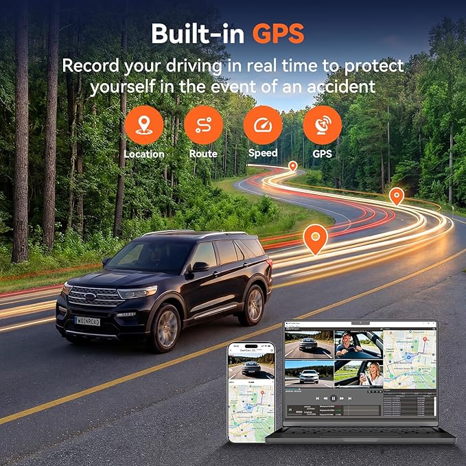 4K+3x1080P 4 Channel Dash Cam, 360° All-Around View Dash Camera for Cars, Free 128GB Card Included, Built-in GPS, 2.4GHz Wi-Fi & App, 8 IR Night Vision, G-Sensor, 24H Parking Mode(Supports 256GB Max)