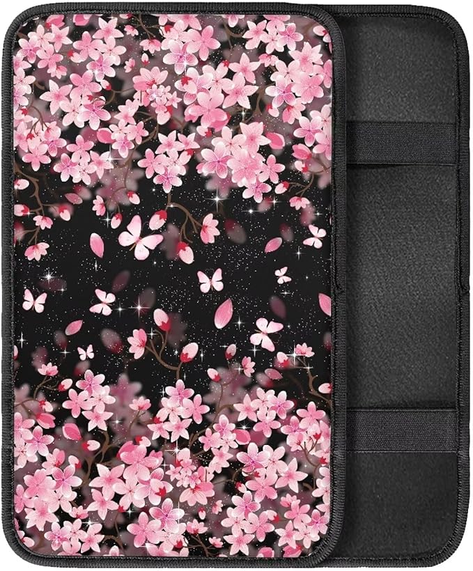 Cute Cherry Blossom Auto Armrest Box Cover Car Armrest Storage Box Mat Center Console Armrest Soft Pad Fits for Most Vehicle,SUV,Truck