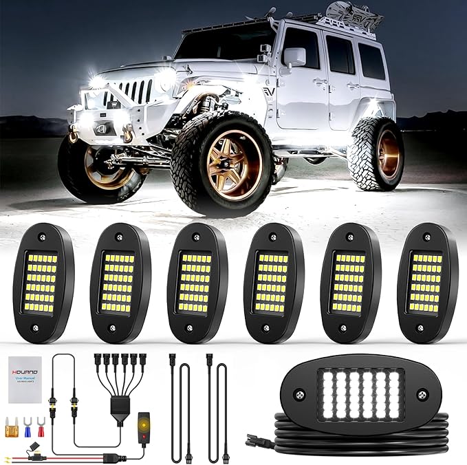 Hovano 6 Pods White Rock Light Kit with Wired Switch - 6500K Pure White LED Underglow, IP68 Waterproof, Super Bright 36 LEDs for Trailer Off Road SUV UTV ATV RZR Car