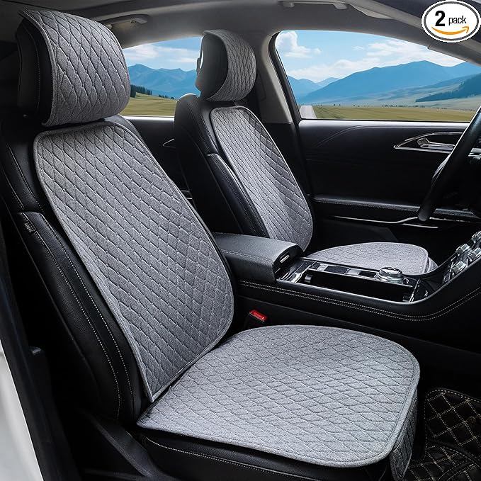 Car Seat Covers, 2 Pack Linen Front Seat Covers for Car, Non-Slip Soft Breathable Front Car Seat Protector Universal Fit Most Automotive, Van, SUV, Trucks (2Pack Light Grey)