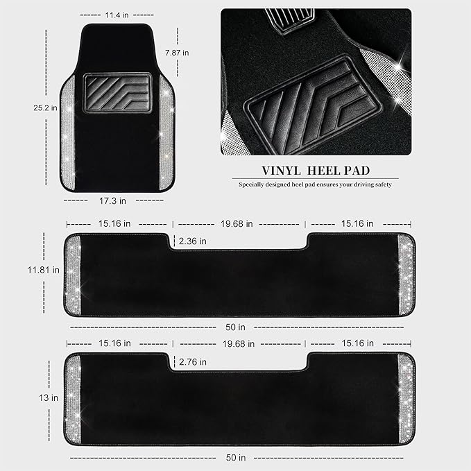 CAR PASS 3 Row Bling Diamond Car Mats Shining Carpet Rhinestones Sparkly Glitter Floor Mats Anti-Slip PVC Heel Pad Universal for Automotive SUV,Sedan,Van, 3rd Row 2 Rear for Girl Women, Black Silver