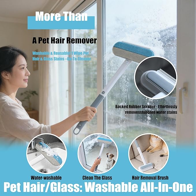 Magic pet Hair Remover Set for Dogs & Cats, Includes 4-in-1 Extended Handle Hair Brush, Hair Glove & Free Metal Storage Hook, Works Great on couches, Carpets, Furniture, car Seats and Hard Surfaces.