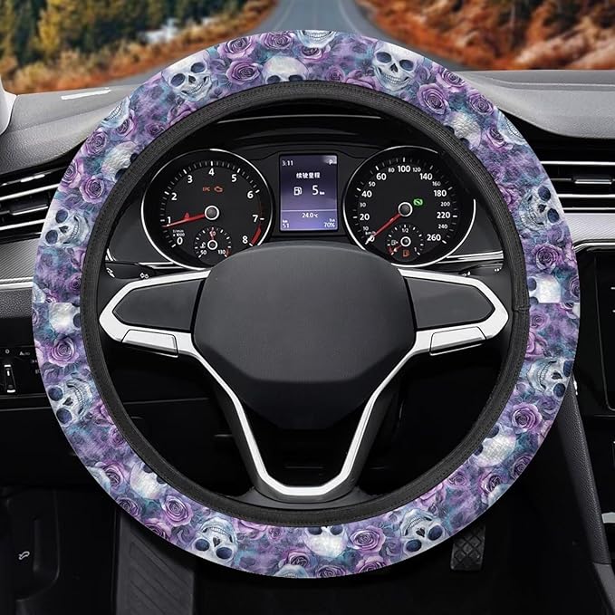 AFPANQZ Steering Wheel Protection for Automotive Steering Wheel Covers, Skull Purple Rose Sweat Absorption Comfort Grip for Driver Women Men