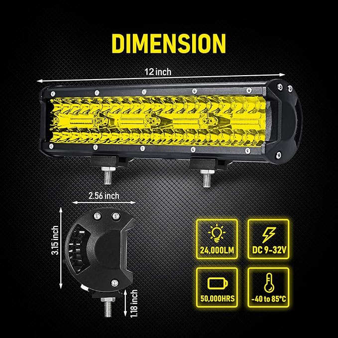 12 Inch Yellow Fog Lights 240W 24000LM Yellow LED Light Bar Offroad Spot Flood Combo Triple Row Driving Work Lamps Compatible with Jeep SUV ATV UTV Pickup Boat Marine