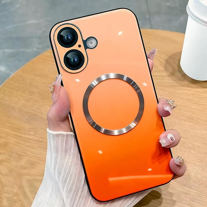 Guppy Compatible with iPhone 17 Magnetic Case, with Full Camera Lens Protector [Compatible with MagSafe] Scratch Resistant Gradient Glass Back Cover Phone Case-Orange