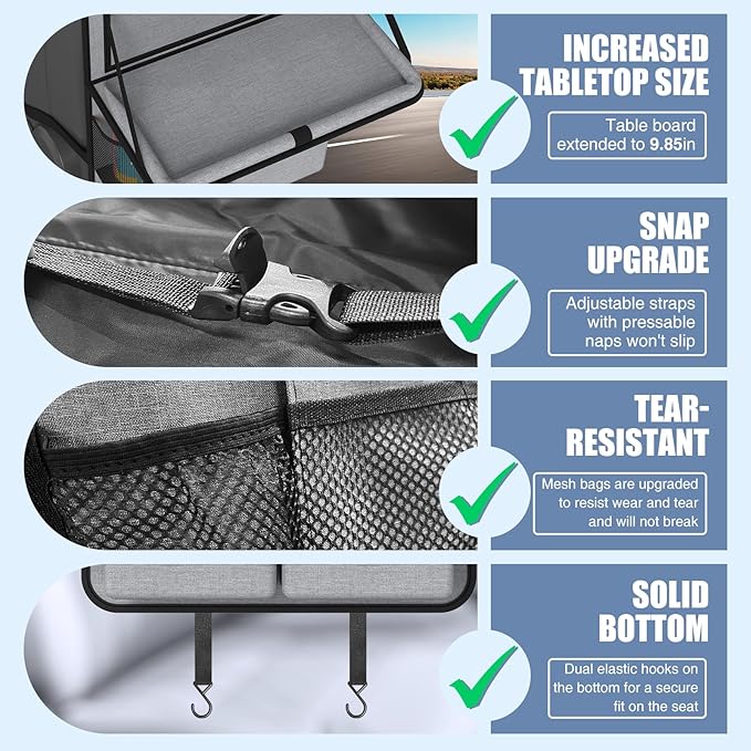 Plzpik Car Backseat Organizer with Tablet Holder,11 Storage Pockets with Foldable Food Tray, Protector Kick Mats for Kids, Travel Accessories Organizer (Gray, 1Pack with Food Tray)