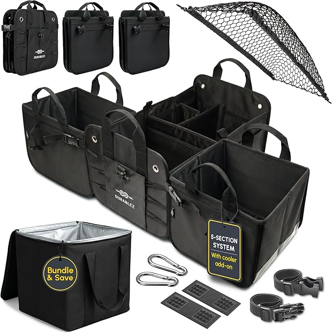 Trunk Organizer 5-Section Modular XL Car Storage System – Extra Large Cargo Organizer for Car Trunk, Foldable Multi-Compartment Auto Organizer, Heavy Duty Oxford 1680D – Black