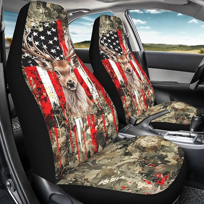 ELEQIN Deer American Flag Front Car Seat Covers 2pc, Sunflower Automotive Seat Covers Car Accessories Universal Size Fit for Most Cars,SUVs&Trucks&Vans