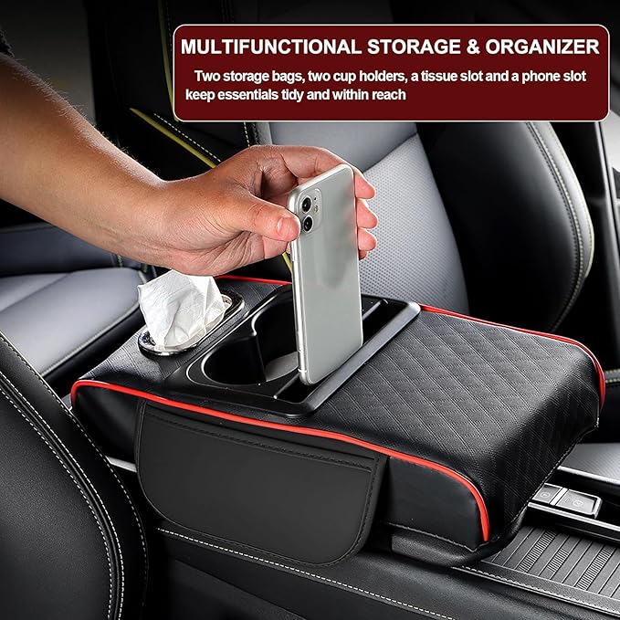 Center Console Cover,Car Armrest Cushion Multifunctional with 2 Storage Bags Cup Holder,Phone Slot,Tissue Box Slot for Most Cars Accessories Interior Organizers-Black+Red 13.8x7.9 in