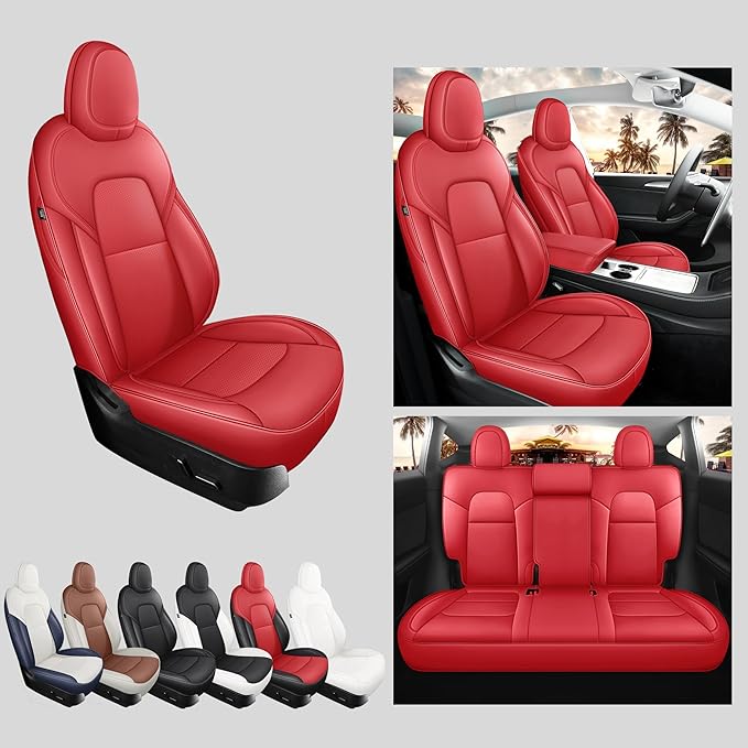 for Tesla Model Y Seat Covers 2020-2024 12pcs Waterproof Nappa Leather Seat Cover Fully Wrapped Customized for Tesla Model Y (TY-Red)
