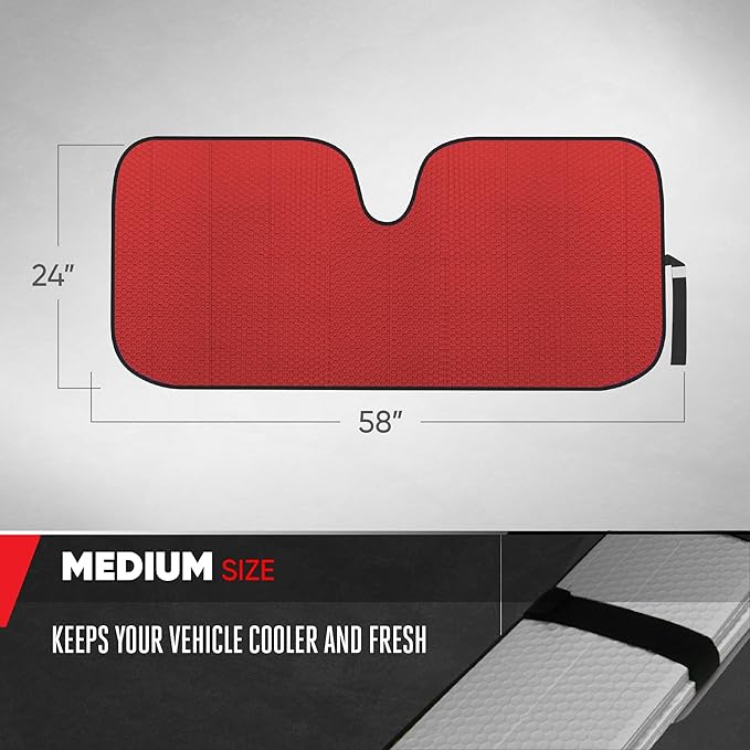 Motor Trend Accordion Red Car Windshield Sun Shade - Car Sun Visor Sun Shade for Car Windshield - Car Window Shades for SUV & Truck - Dash Cover Sun Protection Window Shade Accessories - 58" x 24"