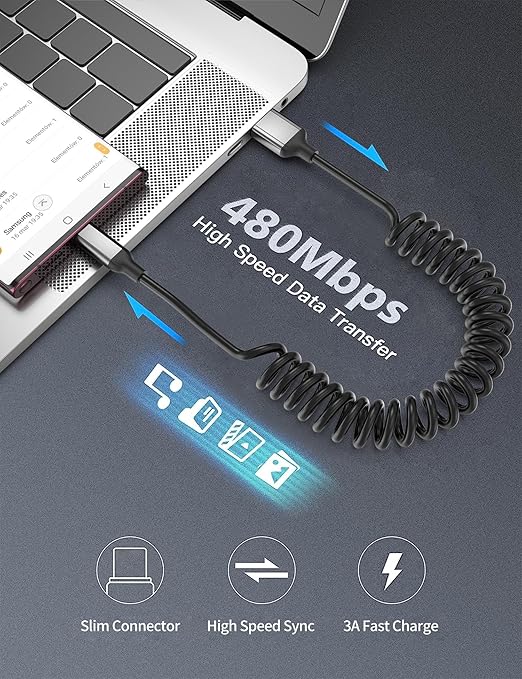 Coiled USB C Cable for Car 2Pack, 3A USB Type C Charger Cable Fast Charging, Retractable Android USB A to USB C Charge Cord for iPhone 17 16 15 Pro Max Plus, Galaxy S24 S23 S22, Note 20 10, Moto G, LG