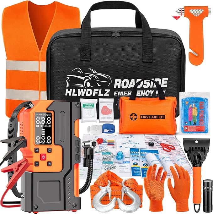 Car Roadside Emergency Kit, Jump Starter with Air Compressor, First Aid Kit, Tow Rope, Roadside Safety Emergency Tool Kit for Women, Men, Teen (Orange)