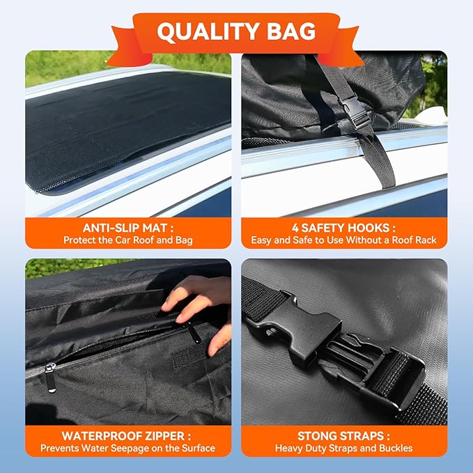 Car Roof Bag Rooftop Cargo Carrier Bag Waterproof 15 Cubic feet,Roof Rack for car Includes Anti-Slip Mat, 4 Door Hooks, Waterproof Zipper Buckle for All Cars with/Without Rack