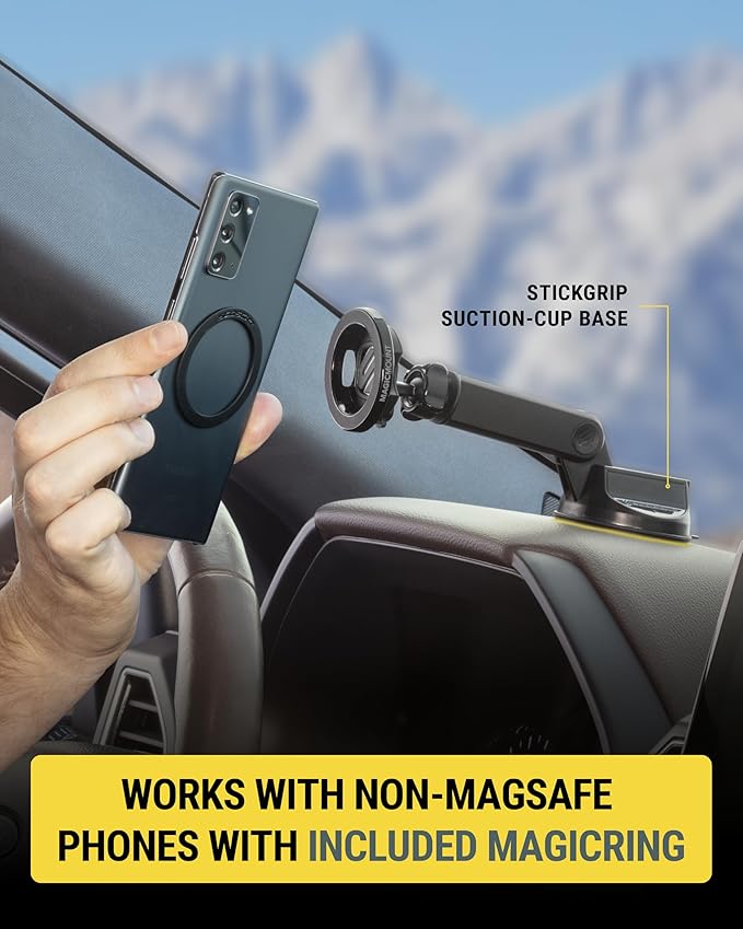 Scosche MagSafe Car Mount, Suction Cup Magnetic Windshield/Dashboard Cell Phone Holder with Vent Clip & Adjustable Flip Arm Compatible with PopSockets Grips, iPhone 16/15/14/13/12, Samsung Galaxy