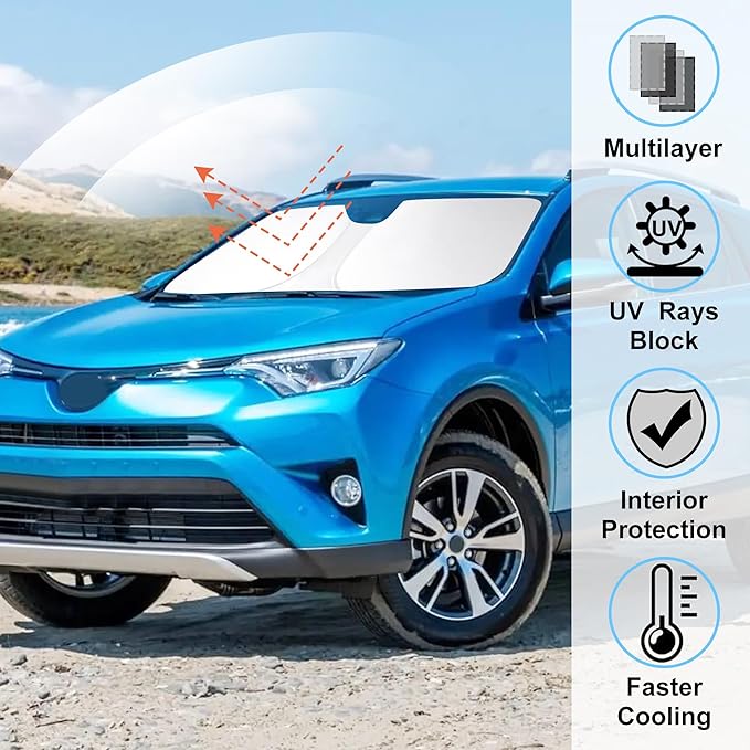 Windshield Sun Shade Compatible with 2013-2018 Toyota RAV4 Accessories Foldable Sun Blocker Sunshade Protect Car from Sun Rays & Heat Damage