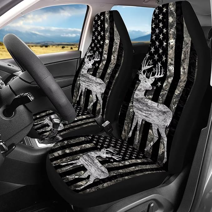 KEIAHUAN Car Seat Covers Full Set of 4 American Flag Deer Camo Hunting Breathable Comfort Auto Interior Seat Protector Front Back Universal Fits Most Cars, Vans, SUVs, Trucks
