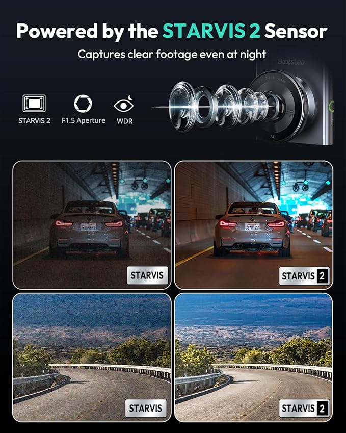 BOTSLAB 4K Dual Dash Cam Front and Rear [2026 Upgraded], STARVIS 2 Sensor, 64GB Card Included, Voice Control, 5GHz WiFi Dashcam Front and Rear Camera, Built in GPS, WDR Night Vision, 24H Parking Mode