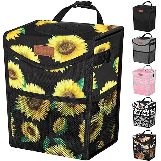 Pritent Car Trash Can with Lid, Cute Leakproof Car Trash Garbage Bag Hanging Vehicle Trash Bin Small Portable Automotive Garbage Cans Organizer for Back/Front Seat/Console(Trapezoid,Sunflower)