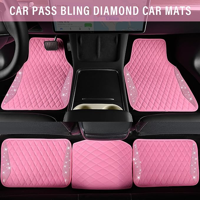 CAR PASS Bling Leather Car Mats Shining Diamond Floor Mats Crystal Rhinestones Sparkly Glitter Carpet Anti-Slip Waterproof Pad Universal Fit for Automotive SUV, Sedan, Van, 5pcs for Girl Women Pink