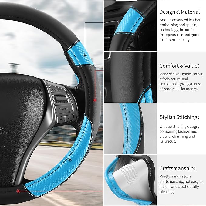 Non-Slip Car Nappa Leather Steering Wheel Cover,Universal Car Accessories Women Men Fit 14" 1/2-15" Suvs/Vans/Sedans/Cars/Trucks,Light Blue
