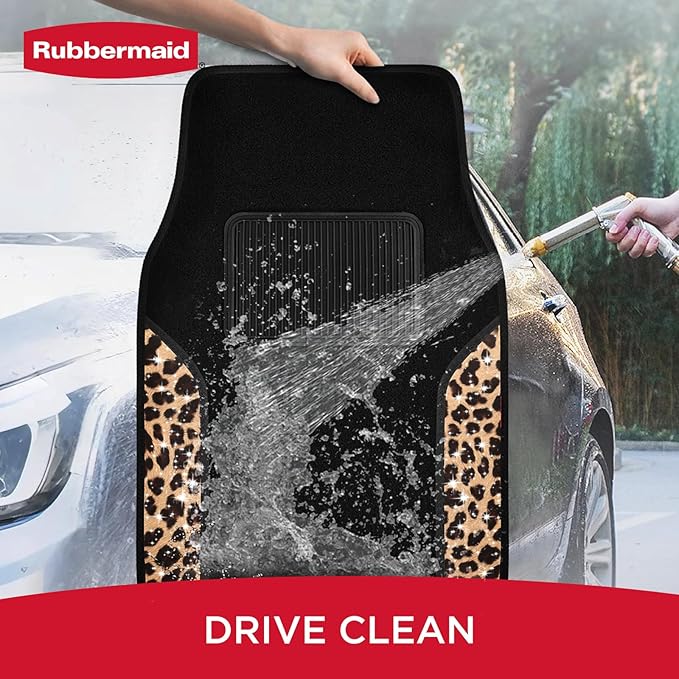Rubbermaid Car Mats, Carpeted Floor Car Mat with Faux Leather & Built-in Heel Pad, Two-Tone Car Rug Floor Mats, Stylish Carpeted Floor Mats for Cars, Trucks & SUVs Leopard Patten Design