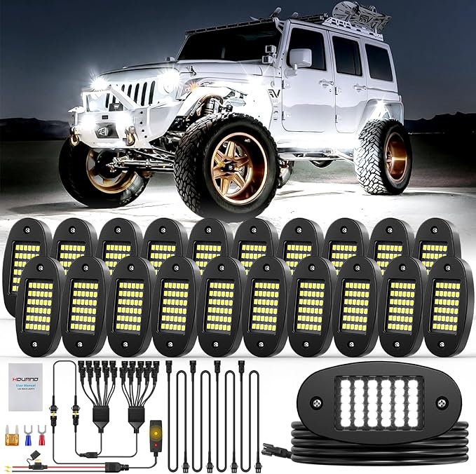 Hovano 20 Pods White Rock Light Kit with Wired Switch - 6500K Pure White LED Underglow, IP68 Waterproof, Super Bright 36 LEDs for Trailer Off Road SUV UTV ATV RZR Car