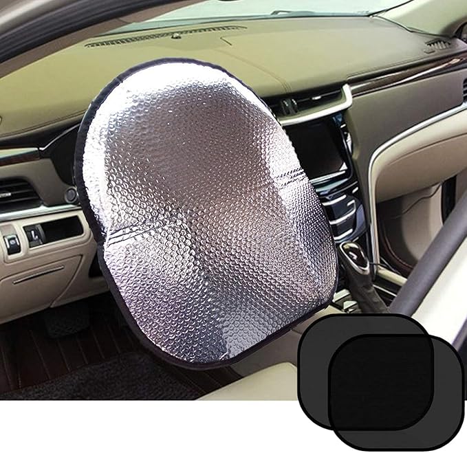 Big Ant Steering Wheel Cover Sun Shade + Bonus Side Window Sunshade-Heat Reflector Fit Most Jumbo/Standard Car-Sliver (20.1"X 17.3")