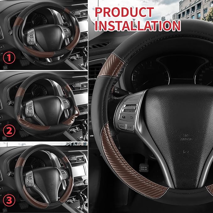 Non-Slip Car Nappa Leather Steering Wheel Cover,Universal Car Accessories Women Men Fit 14" 1/2-15" Suvs/Vans/Sedans/Cars/Trucks,Brown