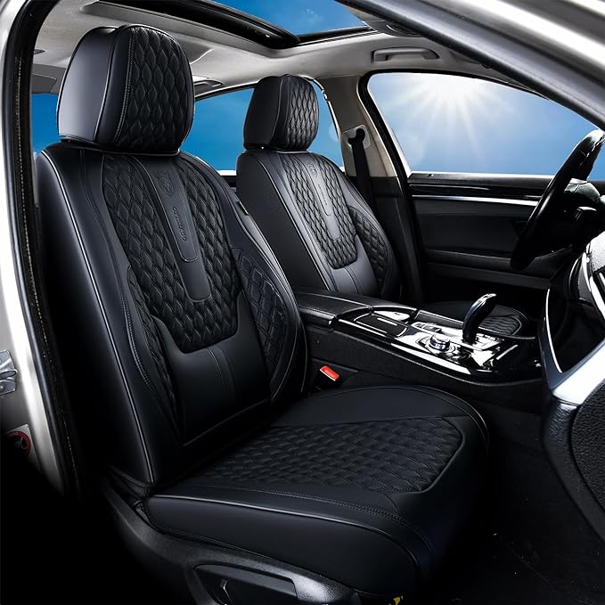 Coverado Car Seat Covers Full Set, Black Seat Covers for Car with Lumbar Support, Nappa Leather Seat Covers Waterproof Car Seat Protectors Universal Fit for Most Cars SUV Trucks