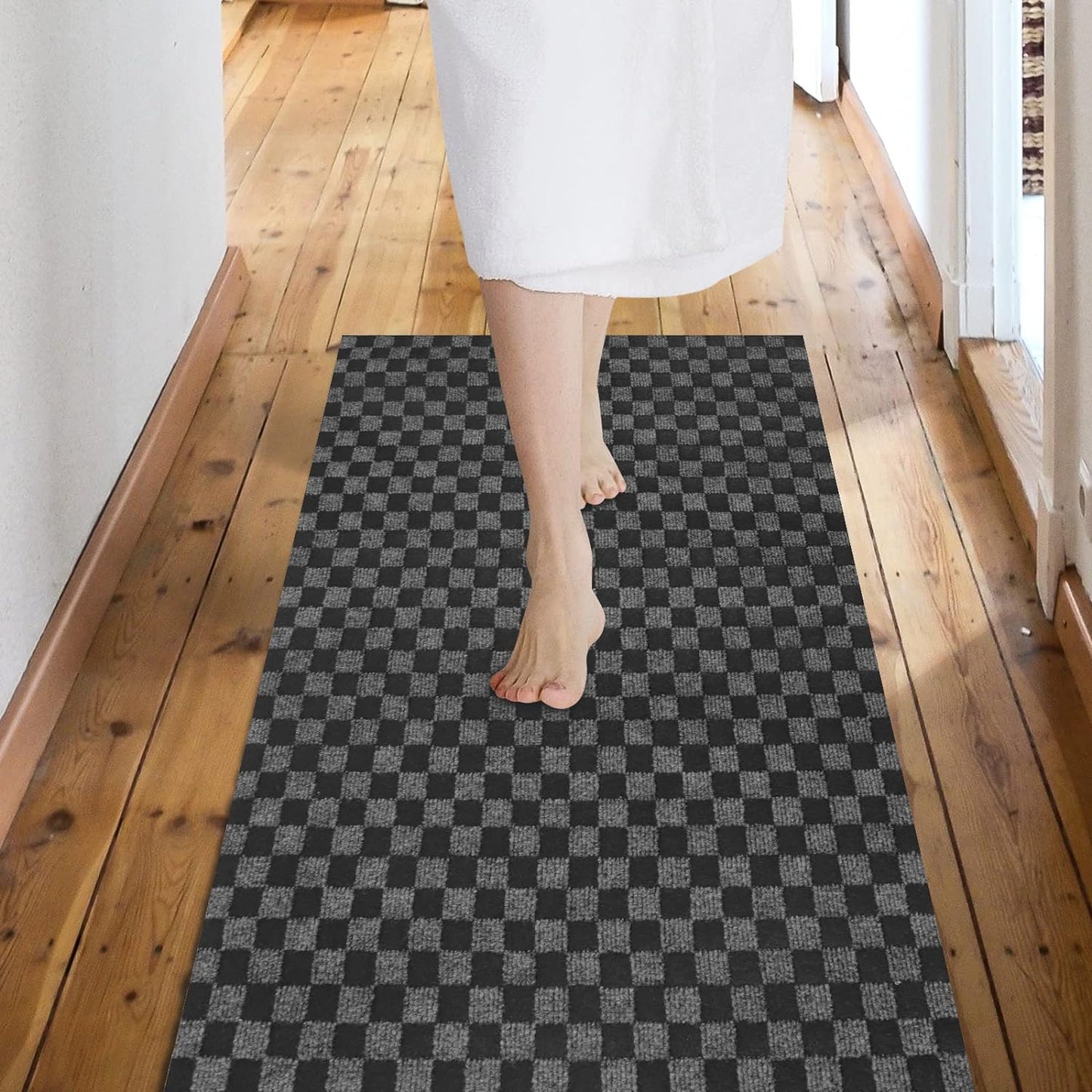 Custom Size Backed Non-Slip Area Rugs Runner, Easy Clean, Waterproof Runner Rugs for Hallway Entryway, Kitchen, Laundry, 4FT x 53FT, Gray Checkered