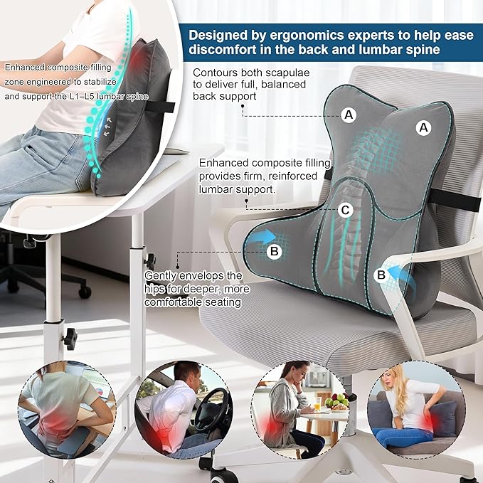 Lumbar Support Pillow (Pat. Pend) for Office Chair, Couch, Recliner & Car Seat, Ergonomic Back Support for Lower Back Comfort, with Adjustable Strap to Stay in Place, Steel Gray