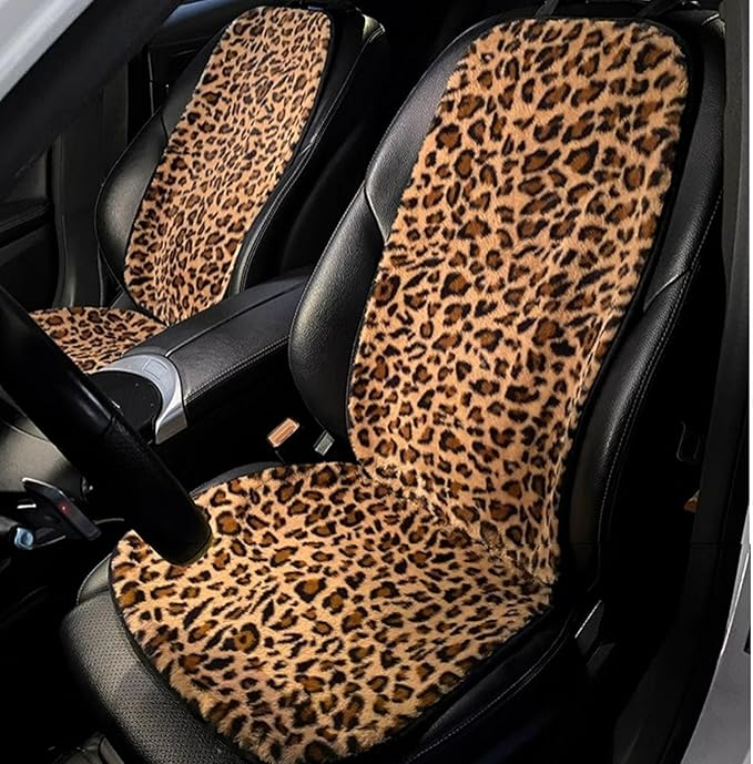 Leopard Print Car Seat Covers Fluffy Front Rear Car Seat Covers Set Lumbar Support Pillow Car Accessories for Women (backrest) (Rear Car Seat Cover)
