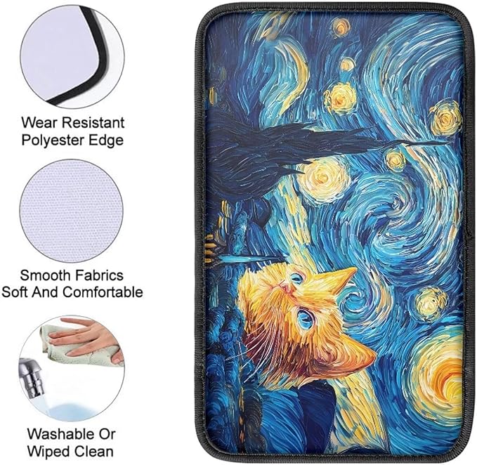 Car Center Console Pad for Women Men, Universal Oil Painting Starry Sky Cat Auto Armrest Box Protector for Most Cars SUV Trucks Vans