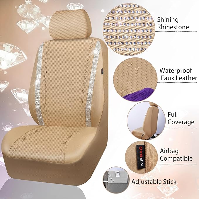 CAR PASS Bling Diamond Car Seat Covers Full Set, Shining Glitter Rhinestone Waterproof Faux Leather Interior Sets Universal Fit Automotive Glitter Crystal Sparkle Strips for Cute Women Girl, Beige