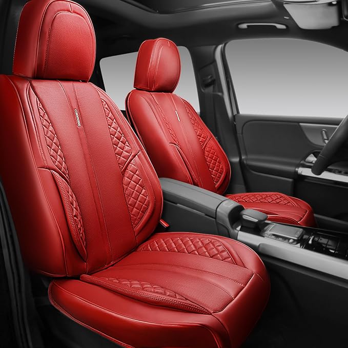 CAR PASS Nappa PU Leather Car Seat Covers Full Set Waterproof Protector Durable Cushioned,Universal Fit for Sedan SUV Pick-up Truck,Anti-Slip Luxury Premium Deluxe(Red)