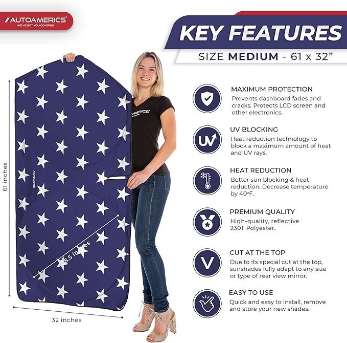 Autoamerics 1-Piece Windshield Sun Shade American Stars Flag USA Patriotic Design - Foldable Car Front Window Sunshade for Sedans SUV Truck - Blocks Max UV Rays and Keeps Your Vehicle Cool - Medium
