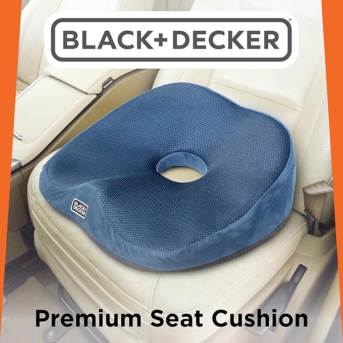 BLACK+DECKER High Back Tailbone Seat Cushion – Memory Foam Chair Cushion for Office, Car, Wheelchair & Airplane – Ergonomic, Non Slip, Breathable Mesh, Sciatic Pain Relief, Washable Cover, Blue