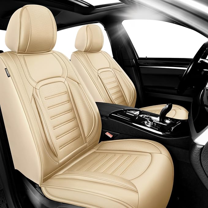 Fit Tucson Premium Leather Car Seat Covers Compatible with Hyundai Tucson 2010-2026, Breathable, Wear Resistant, Airbag Compatible, All-Weather Protection & Full Coverage, 2 Front Seat Beige