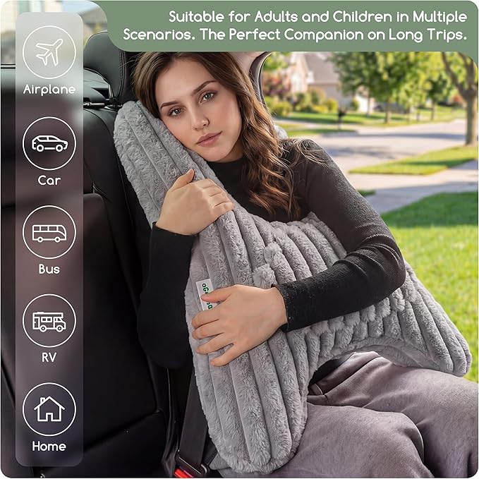 HIGOGOGO Washable Travel Pillow, Car Pillow for Kids & Adults, Upgraded Travel Pillows with Removable Soft Cover and High-Support Foam, Fix Neck and Body Sitting/Sleeping on The Trip, Dark Grey