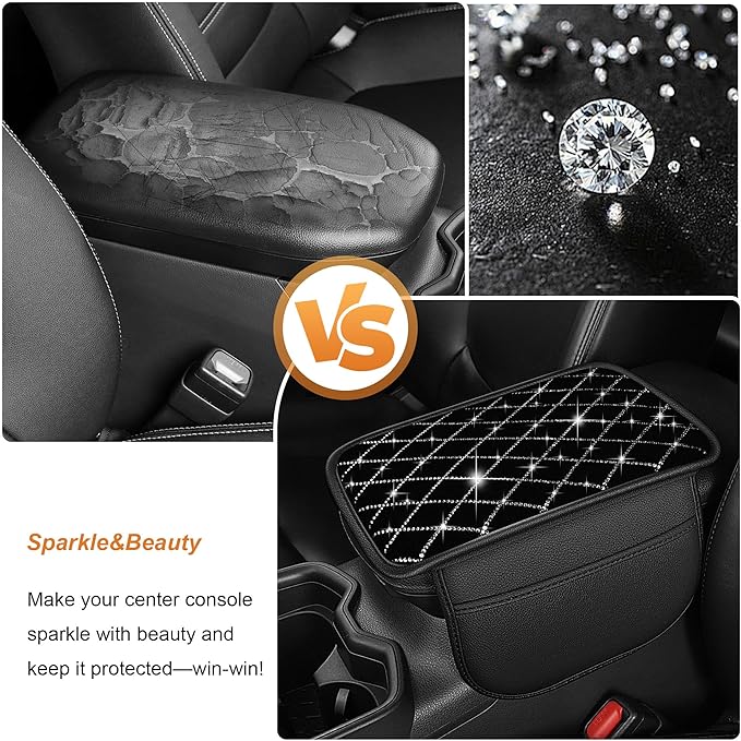 Center Console Cover Fit for Kia Sorento 2003-2025 with 2 Storage Bags Quilted-Studded Leather Quilted Pattern Car Armrest Cover Cushion Anti-Slip(Black&Quilted)